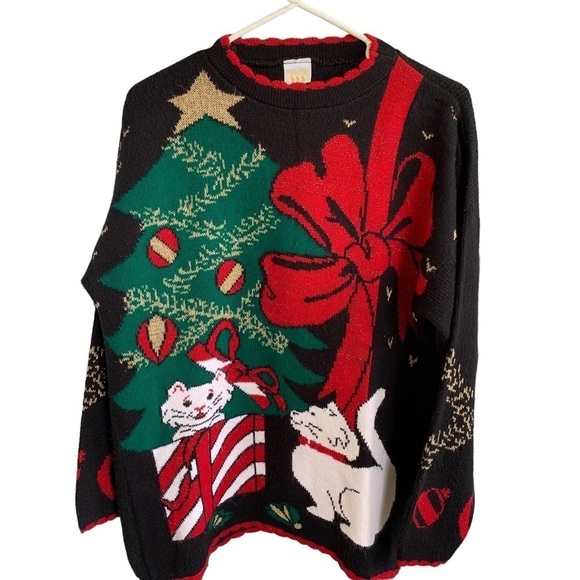 Vintage Christmas Holiday Crewneck Sweater Cats Presents Tree Size Large - Picture 1 of 6